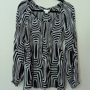 Allison Taylor Black & White Geometric Print Long Sleeve Blouse. Size Large.